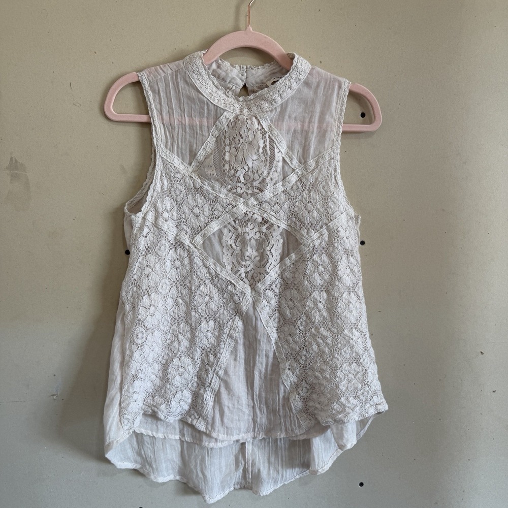 Umgee Bohemian Gauze Crochet Lace Tunic Tank Top Keyhole Ivory High Neck